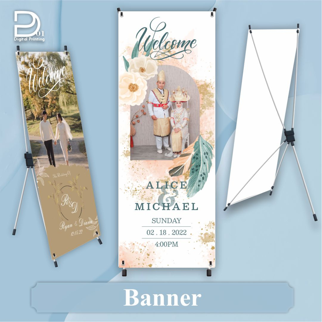 BANNER WEDDING + TIANG / STAND BANNER ACARA WEDDING / PERNIKAHAN ENGAGEMENT KHITAN