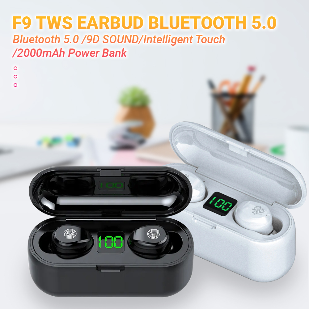 Headset F9 TWS Wireless Earphone Earbuds Bluetooth 5.1 Dengan Mikrofon HIFI Stereo 9D