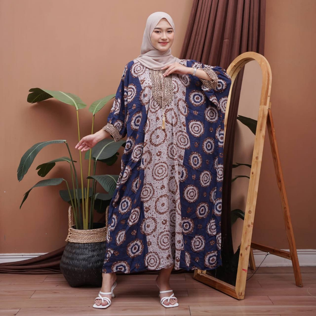 Dress Kaftan Modern Batik Wanita Elegan Cantik Baju Panjang Terusan Kaftan Sultan Kekinian Resleting Depan Busui
