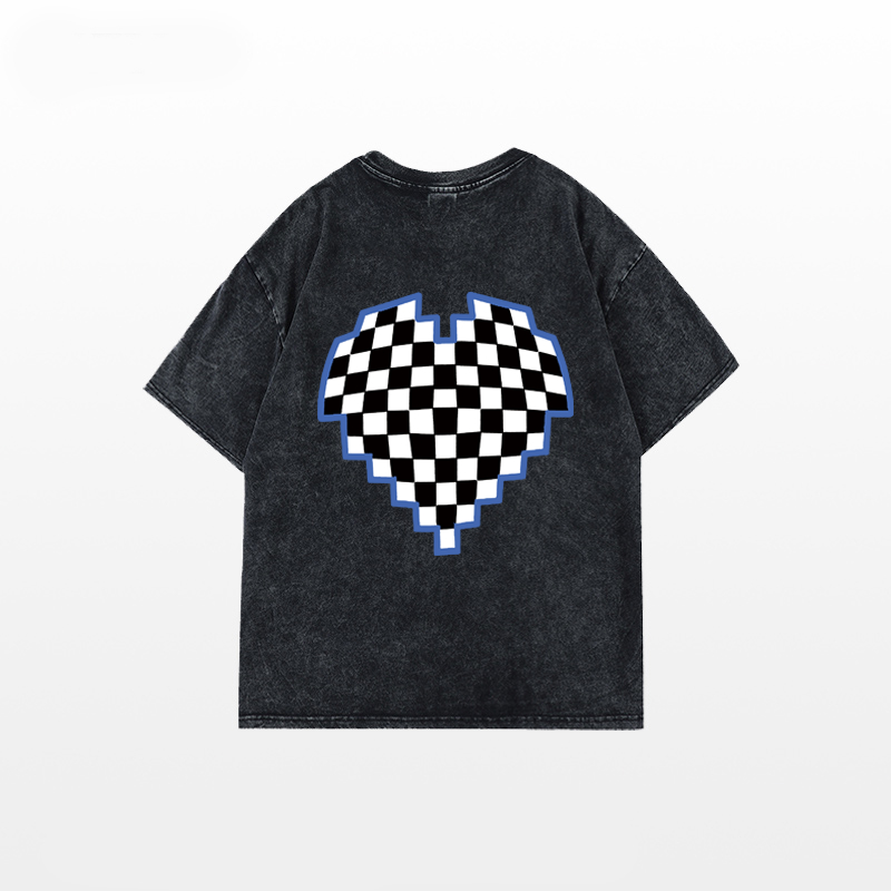 XIAOZHAINV Korean Style Plaid Heart Pattern Washed Printing Kaos Wanita A0761/Atasan Wanita Terbaru