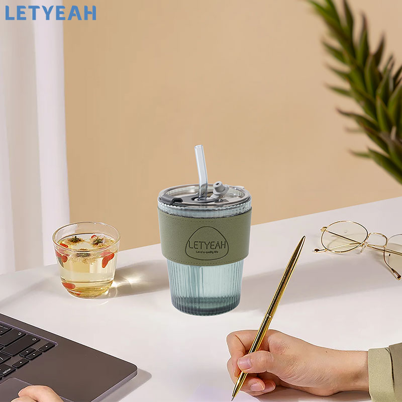 letyeah Tumbler kopi aesthetic/400ml gelas minum kaca/tumbler coffee dengan sedotan/kopi cup anti tumpah