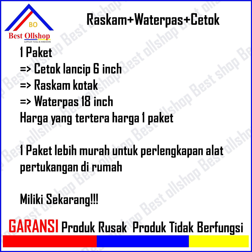 Sendok Semen Gagang Kayu 6 Inch Lancip + Raskam + Waterpass Harga 1 Paket