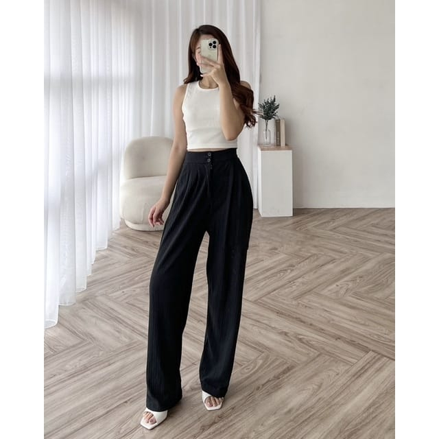 Jennie Knit Pants Celana Kulot Highwaist Knit Kancing 2 Celana Knit Wanita