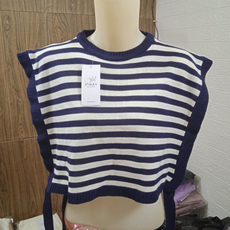 Crop Yuna tanpa lengan stripe tali samping /vest knit rajutan outer