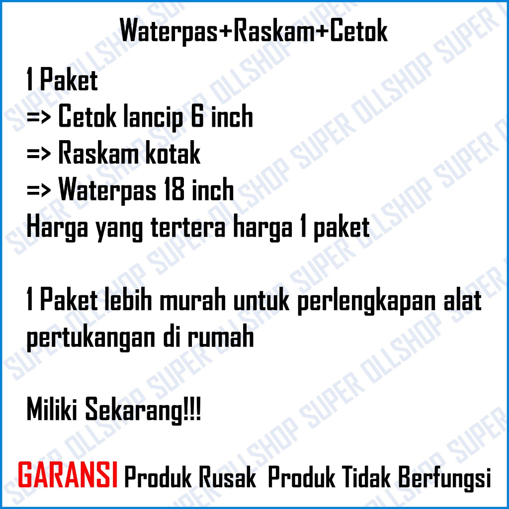 PAKET! Raskam Roskam Galur Alat Plestering Trowel Acian Sendok Semen Lancip Waterpass