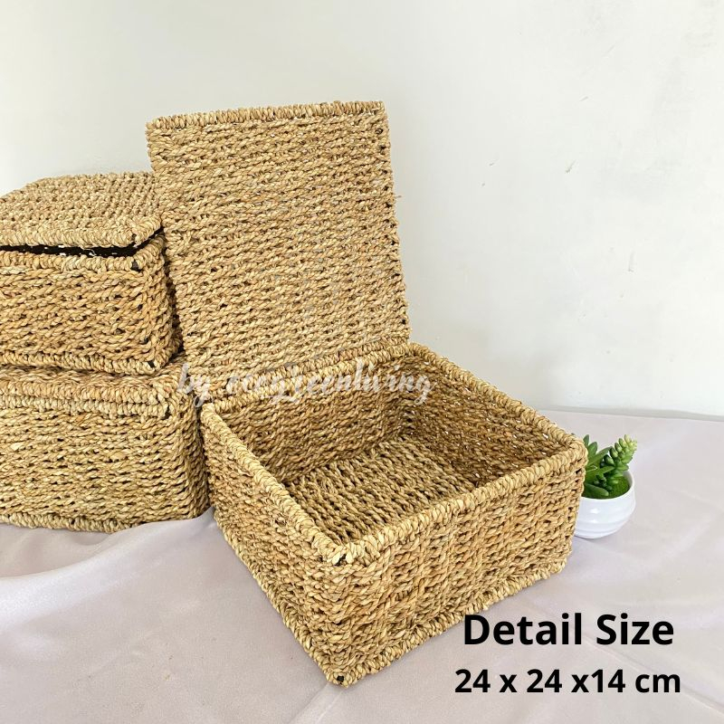 Hampers Square Seagrass Cover Flip / Kotak Hampers / Box Hantaran / Penyimpanan Anyaman Seagrass