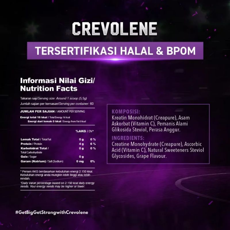 Evolene Crevolene Creatine Monohydrate 330 gram 330gr 60 servings Rasa Anggur