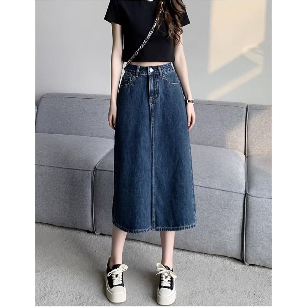 Biru laut Highwaist lucuuk gadis Rok Denim A-Line Fashion Serbaguna Rok Midi