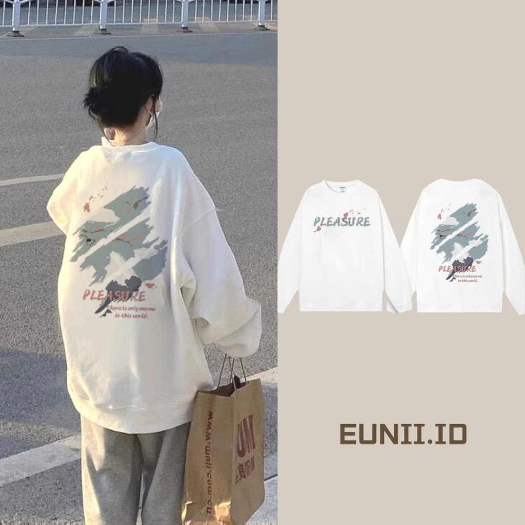 EUNII Sweater Lengan Panjang Cartoon Sakura Doodle Printing Korean Style/Sweater Crop/Baju Wanita/Switer Wanita/Switer