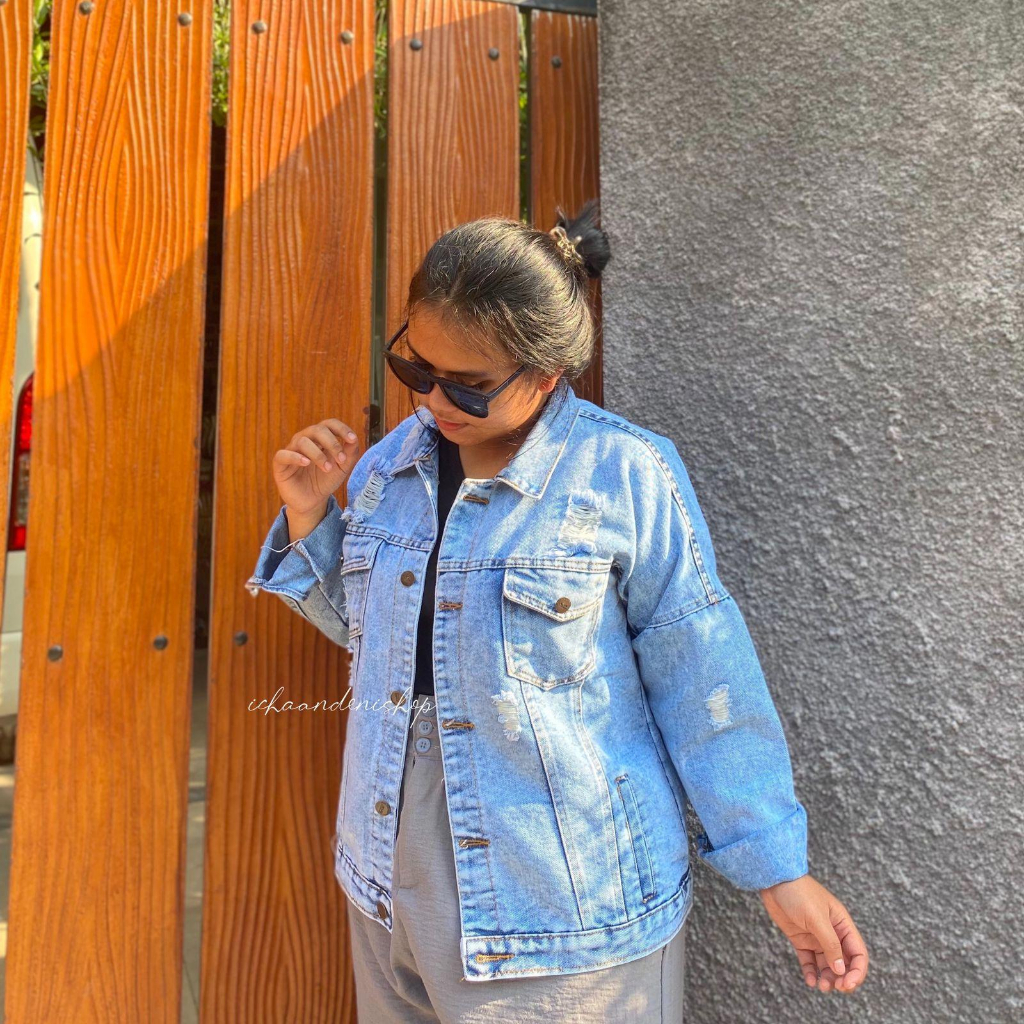 Jaket Jeans Oversize LD 110 - 150 // Jaket Jumbo Saku Wanita Sandwash Denim Premium