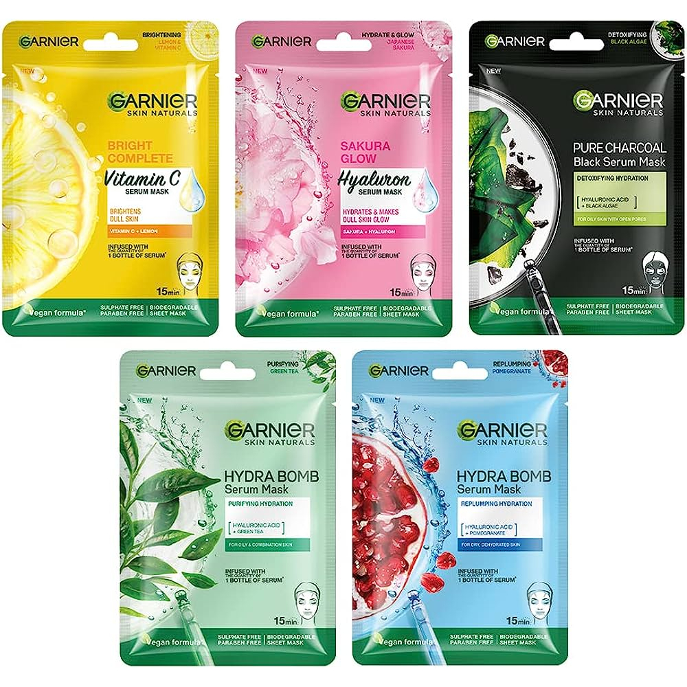 Garnier Sheet Mask I Light Complete I Sakura White I Charcoal Black Algae I Charcoal Black Rice