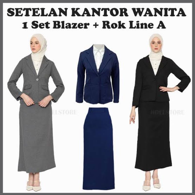 Setelan jas kantor wanita blazer rok hitam A