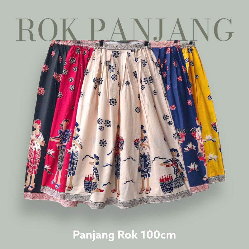 Rok Payung Batik Wanita Panjang 100cm Bahan Katun Halus Motif Karakter Lucu Simbok Jamu Gendong Saku