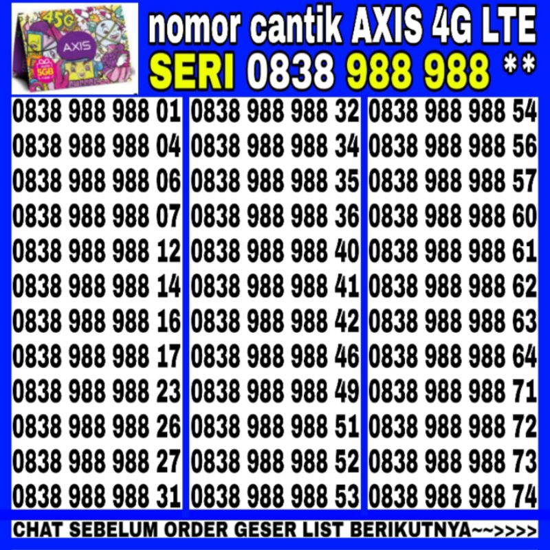 kartu perdana nomor cantik Axis 4G LTE seri terbaik 0838 889 889 XX kartu perdana nasional