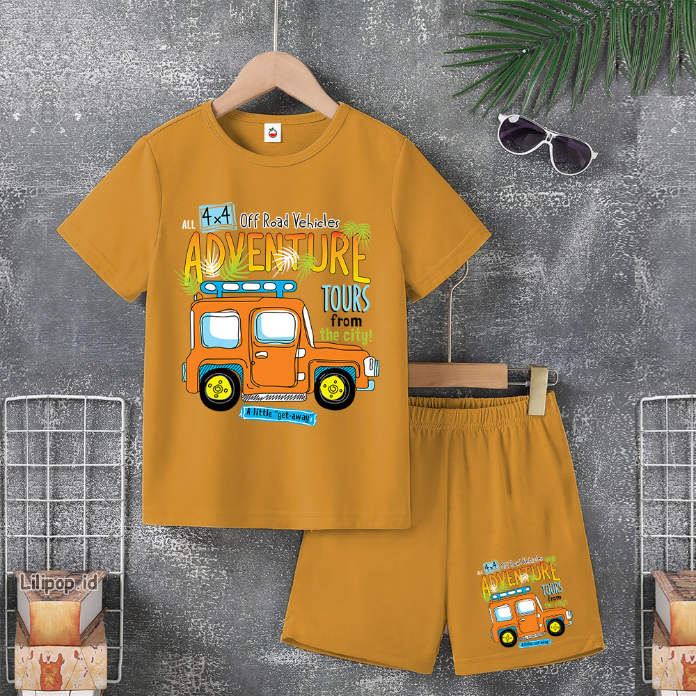 Baju Anak Stelan Usia 4-10 Tahun adventure Kaos 3/4 Cowok Cewek  Celana Pendek Harian