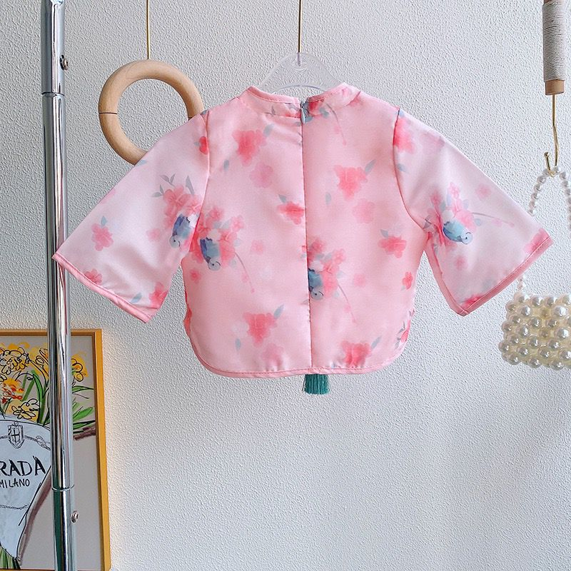 Setelan Anak Perempuan Cheonsam Pink Motif Hawfinch Bird