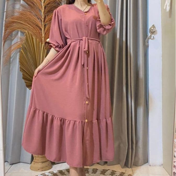 Mahalini Midi Dress Polos Casual Jalan Santai Liburan Manis Kancing Baju Wanita Rempel Flowy Variasi Tangan Balon Bumil Busui Crinkle Airflow Lembut