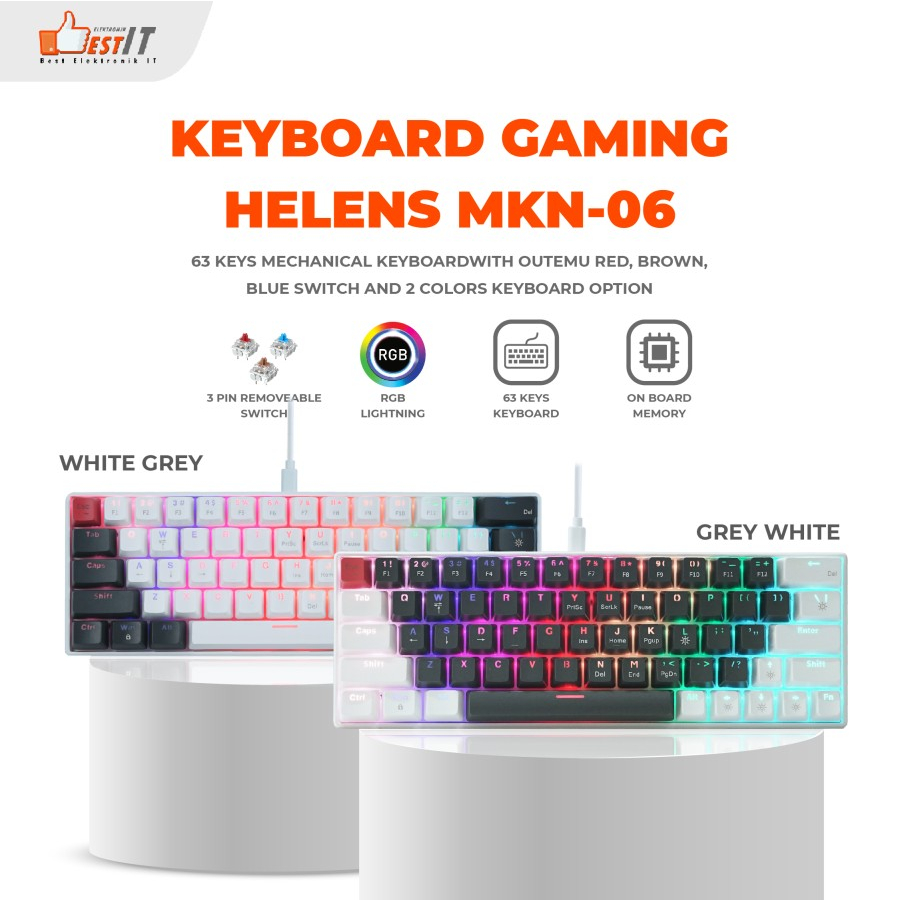 Keyboard Mechanical 63 Keys Removable HELENS MKN-06 NYK Nemesis - White-Grey, Bluebrane With Holder