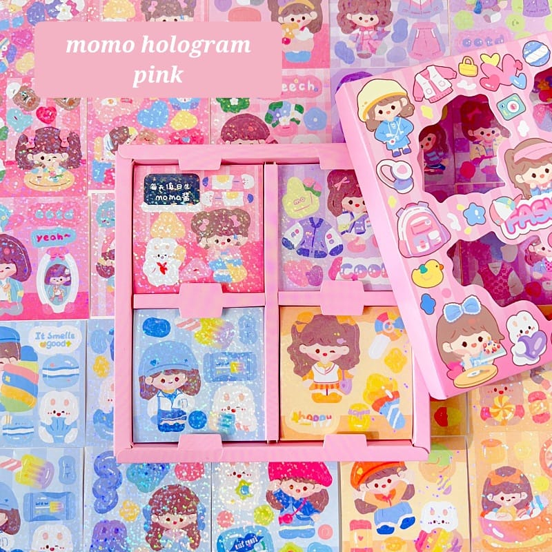 STIKER MOMO ANTI AIR STICKER LUCU TUMBLER KOREA FASHION WASHI TAPE GLITTER HOLOGRAM 1 BOX KAWAII LABEL KEKINIAN