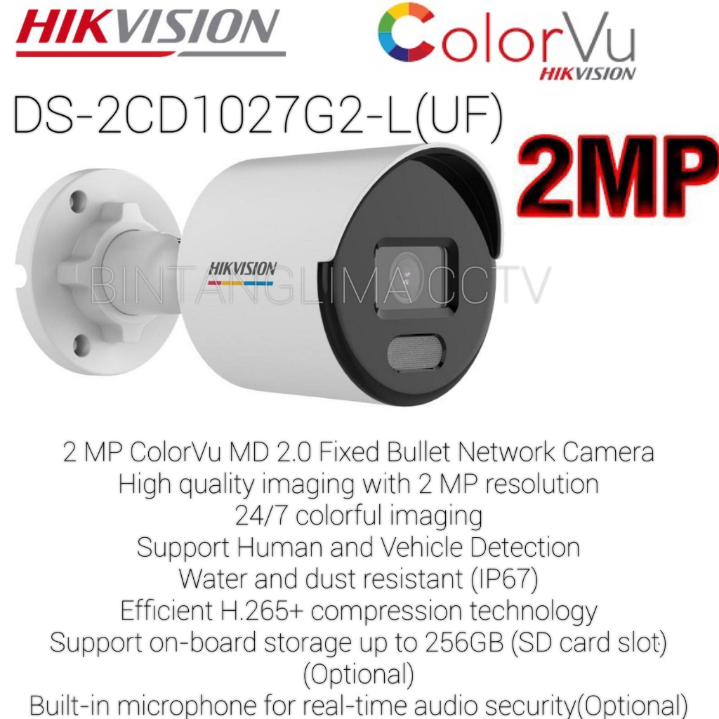 DS-2CD1027G0-LUF Hikvision Audio IP Came PoE CCTV Outdoor 2MP ColorVu