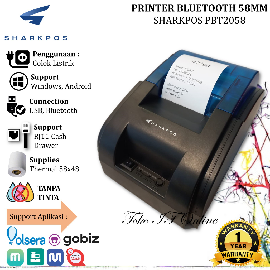 SHARKPOS PBT 2058 PRINTER THERMAL BLUETOOTH 58MM CETAK STRUK NOTA KASIR SUPPORT CASH DRAWER C-58BT