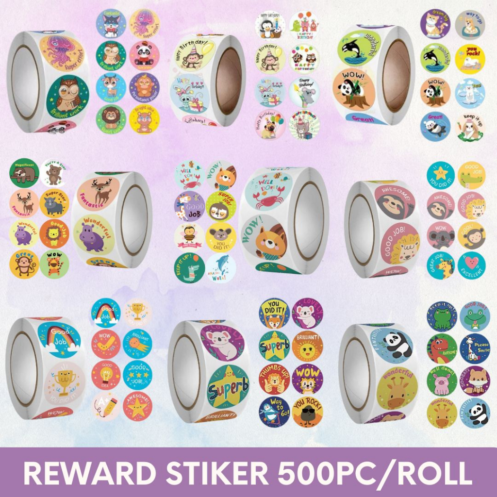 Stiker Reward Isi 500 Pcs Roll Bulat Anak Ucapan Motivasi Animal Unicorn Thank you Lucu Kartun