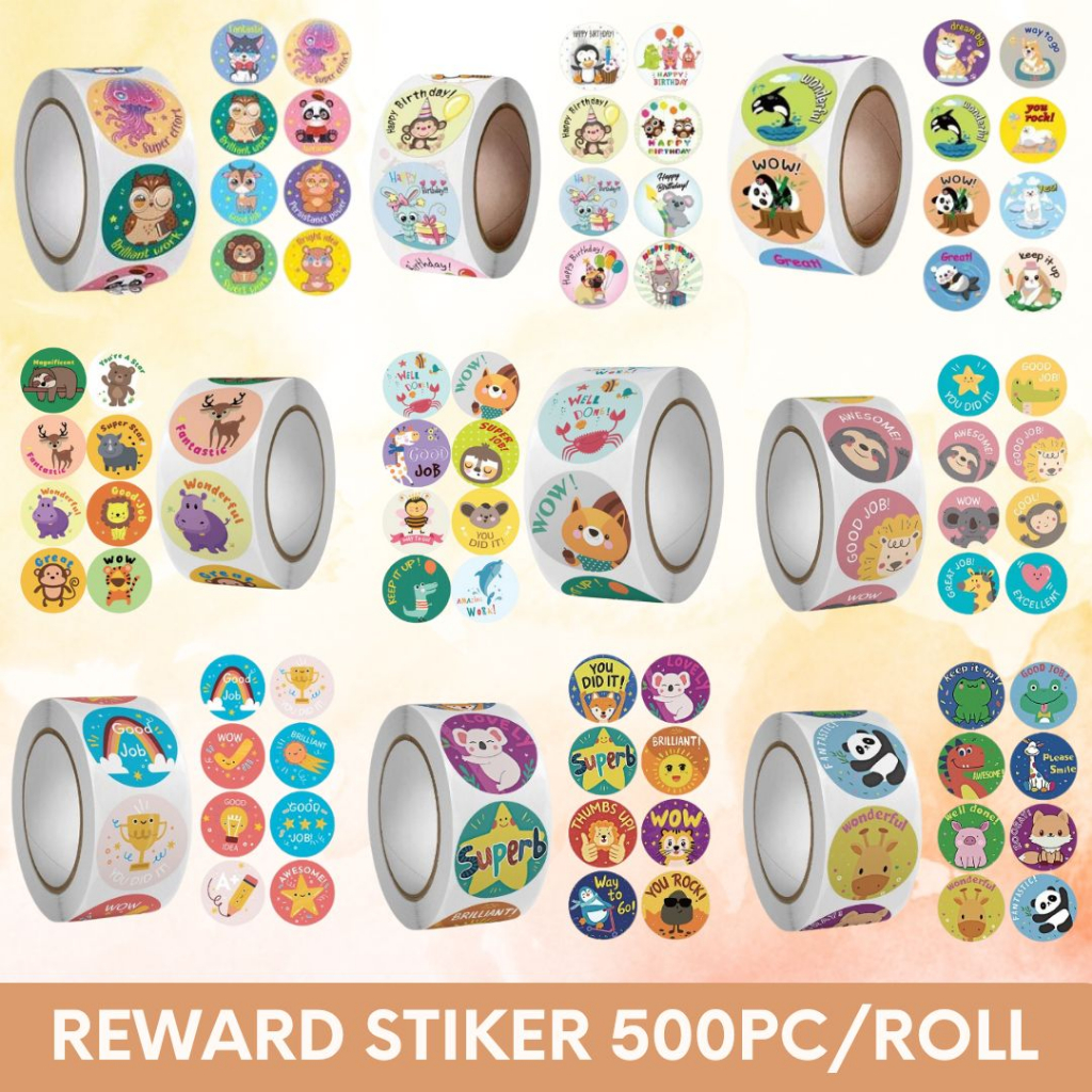 Stiker Reward Roll Bulat Isi 500 Pcs  Anak Ucapan Motivasi Animal Unicorn Thank you Lucu Kartun