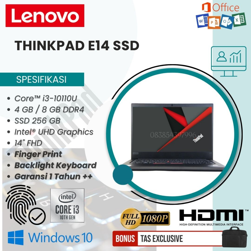 LAPTOP BARU LENOVO THINKPAD E14 | INTEL i3-10110 | 4GB/8GB RAM | SSD 256 GB | INTEL HD | LAYAR 14&quot; FHD | KEYBOARD BAKCLIGHT - TEKNO KITA