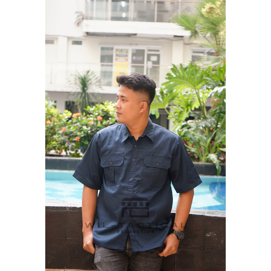 Wil Tac Kemeja Kerja Outdoor Pria Lengan Pendek Bahan American Drill Putih Jumbo