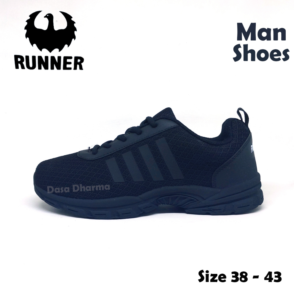 Sepatu Runner Sekolah SD SMP SMA Pria Sneakers Olahraga Hitam Polos Size 38 - 43