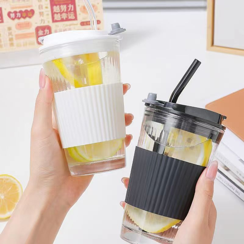 Tumbler Gelas Kaca Mug Kopi Cup Glass Dengan Case dan Sedotan 450ml tumbler kopi botol minum pink/hi