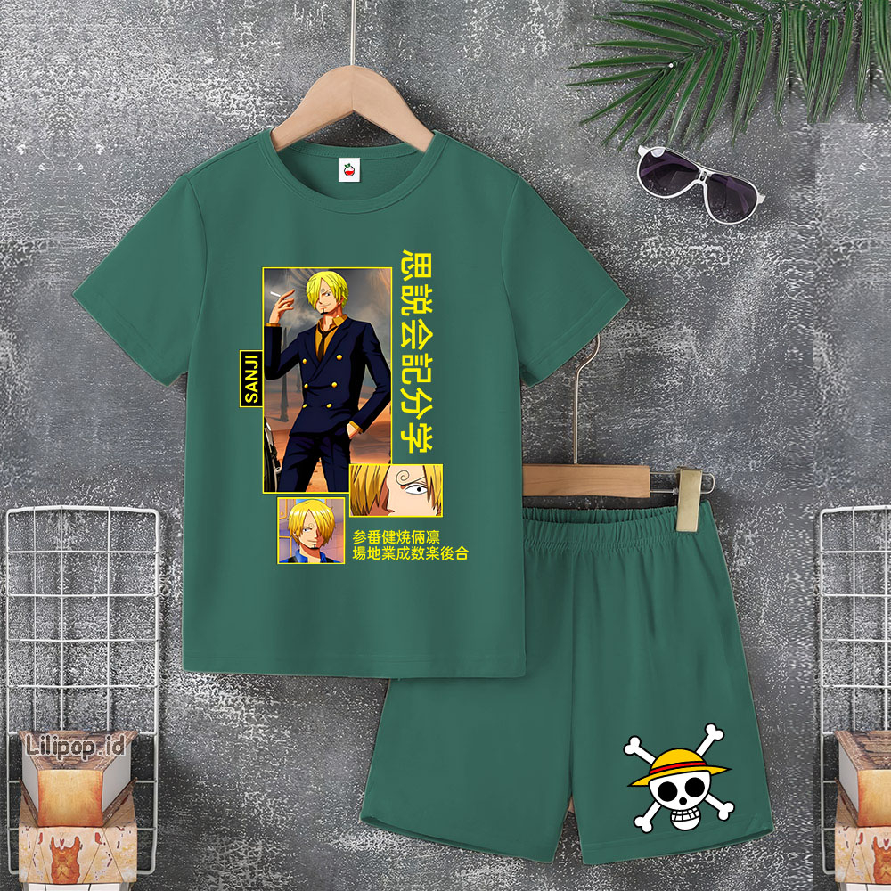 Baju Anak Stelan Usia 5 -10 Tahun LUFFY ONE PIECE Kaos 3/4 Cowok Cewek  Celana Pendek Harian