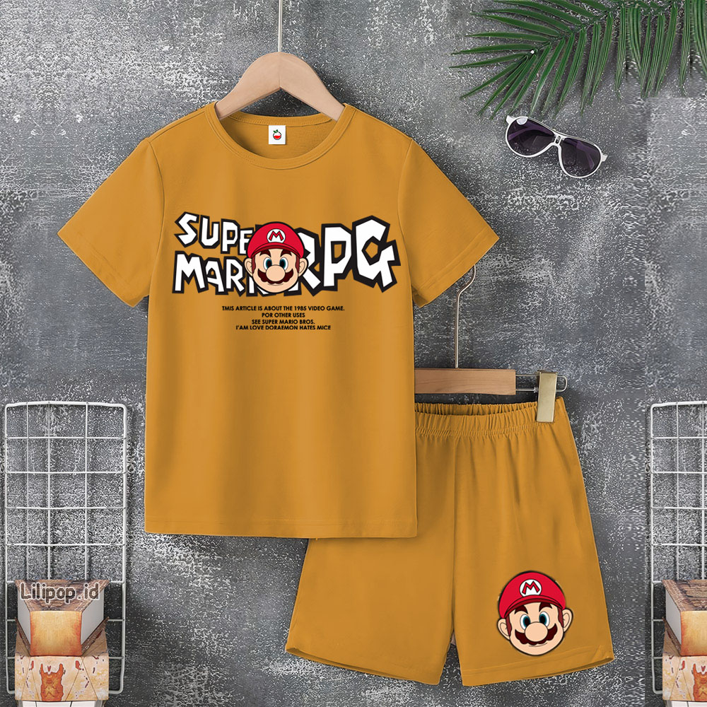 Baju Anak Stelan Usia 5-10 Tahun MARIO BROS Kaos 3/4 Cowok Cewek  Celana Pendek Harian