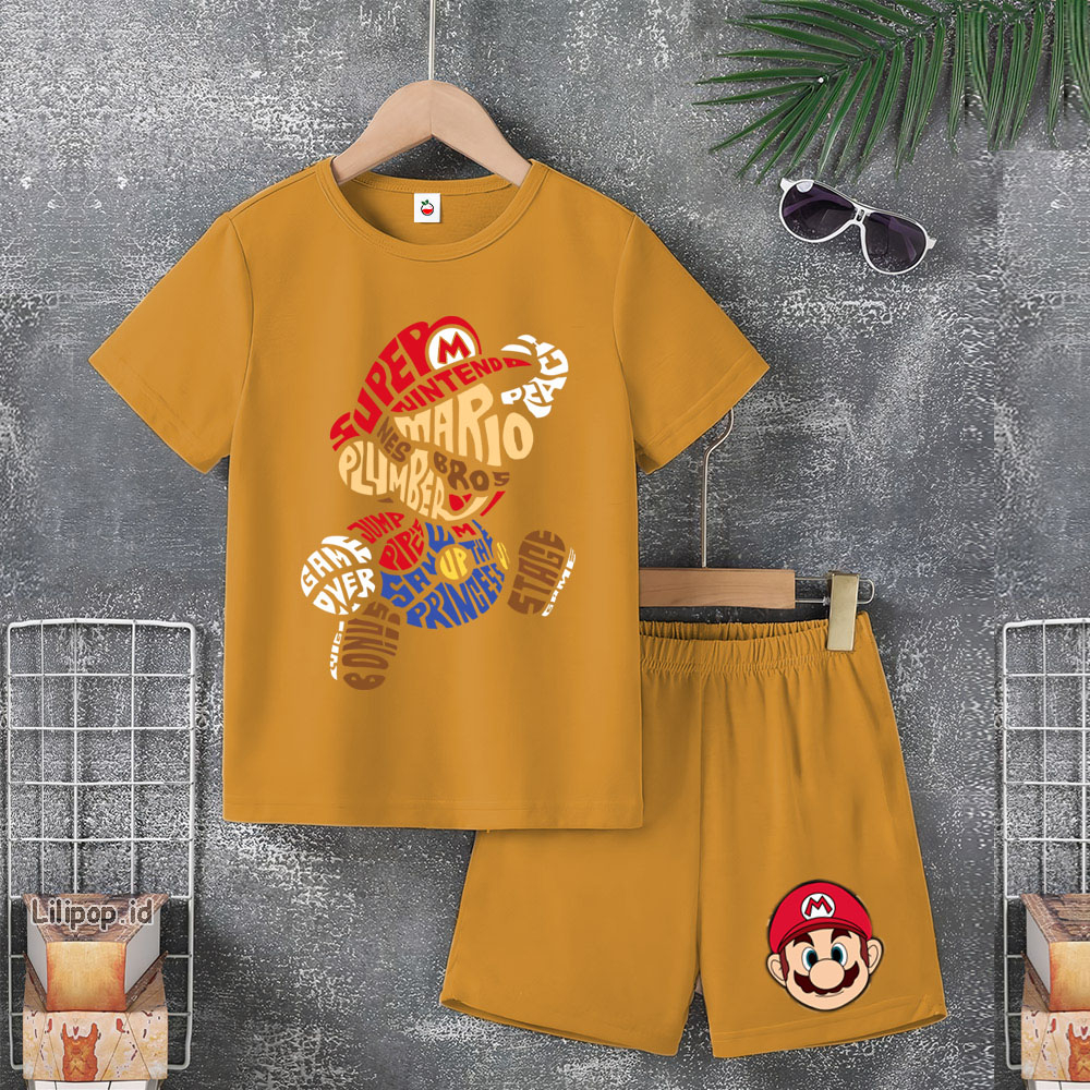 Baju Anak Stelan Usia 5-10 Tahun MARIO BROS Kaos 3/4 Cowok Cewek  Celana Pendek Harian