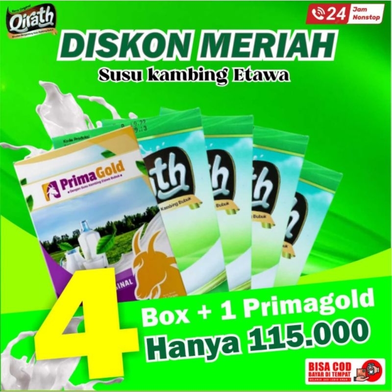 

PROMO PAKET BUNDLING SUSU KAMBING ETAWA ORIGINAL SUDAH BPOM DAN TERSERTIFIKASI HALAL 4 BOX QIRATH PLUS 1 PRIMAGOLD PRODUKSI TERBARU, EXPIRED MASIH LAMA