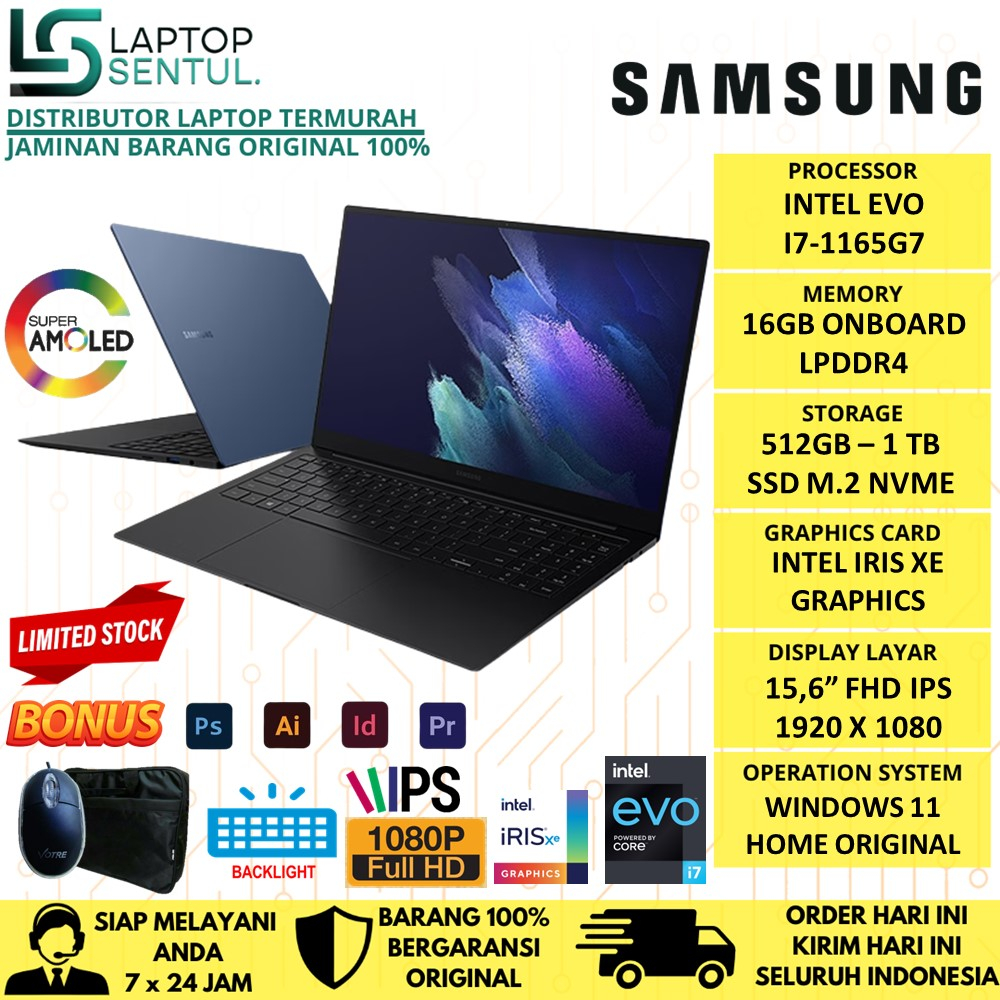 LAPTOP SLIM DESIGN SAMSUNG GALAXY BOOK PRO 15 INTEL EVO I7 1165G7 16GB 512GB FHD AMOLED WINDOWS 11 TERLARIS