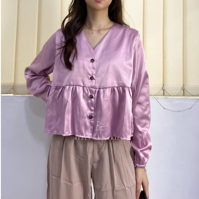 FELICIA V Neck Blouse - Atasan Satin Longsleeve / Atasan Casual Korean Look 0432