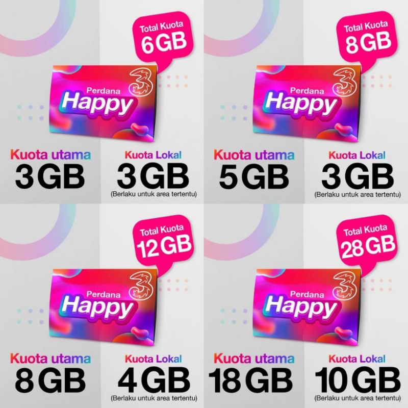 Perdana Tri Happy 6GB 8GB 12GB 28GB Segel Bergaransi