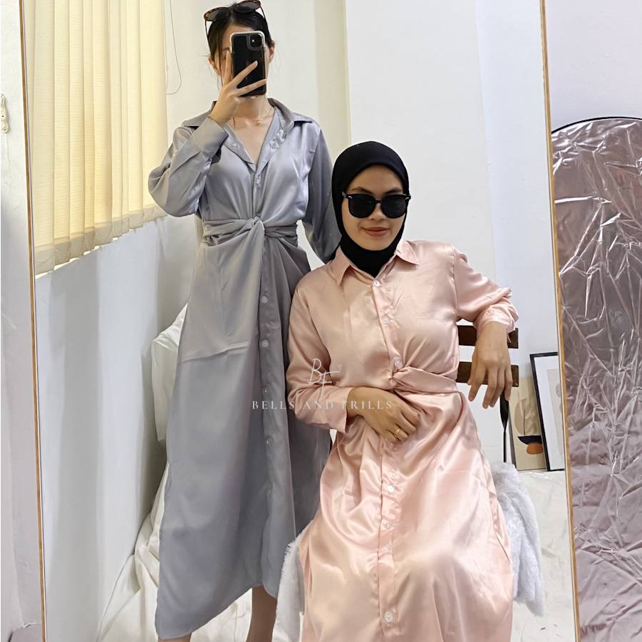 MOLITA Dress Satin Casual / Tunik Modern Dress Lilit / Shirt Dress Wrap Skirt / Ribbon Tied Dress