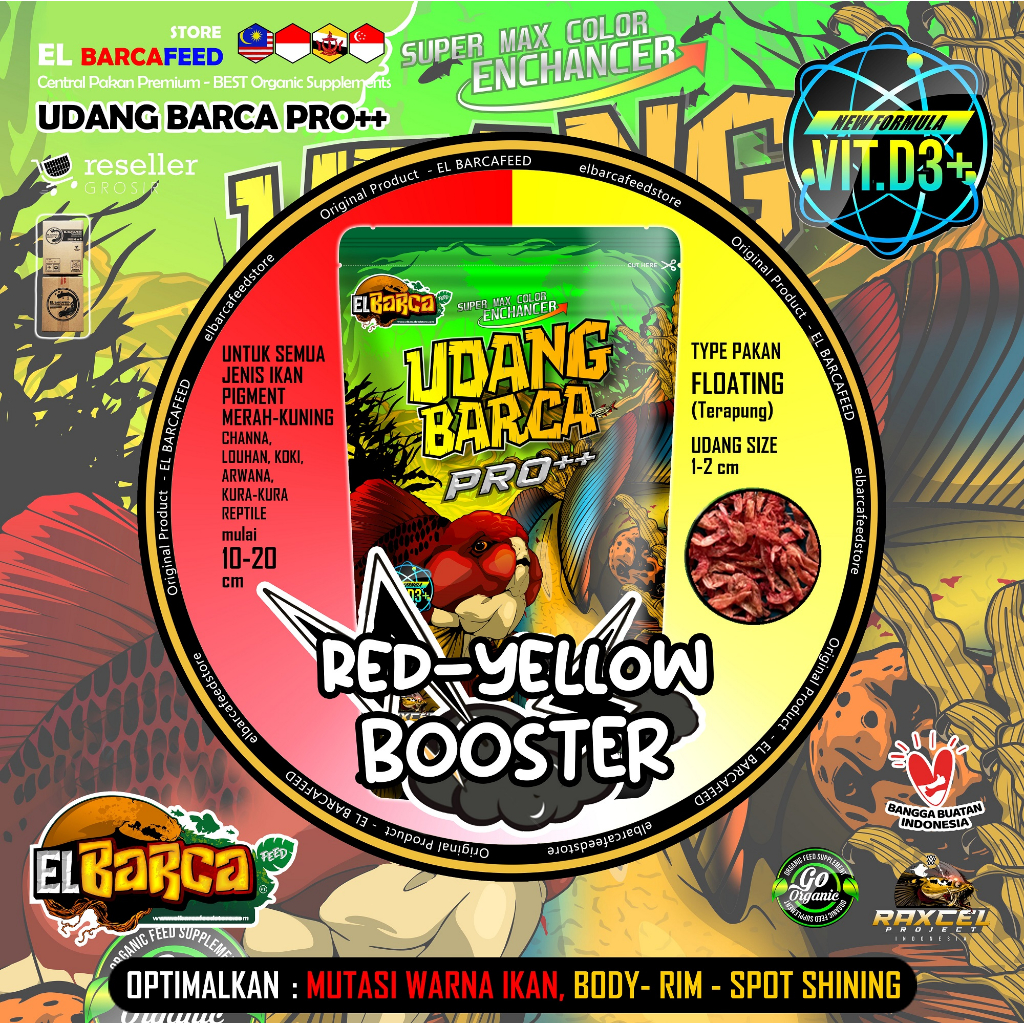 UDANG BARCA Pro++ [RED-YELLOW BOOSTER] PUSH SUPER RED-YELLOW-GOLD-ALBINO COLOR - EL BARCA Feed - Pakan Ikan Channa, Arwana, Louhan &amp; ikan hias lainnya