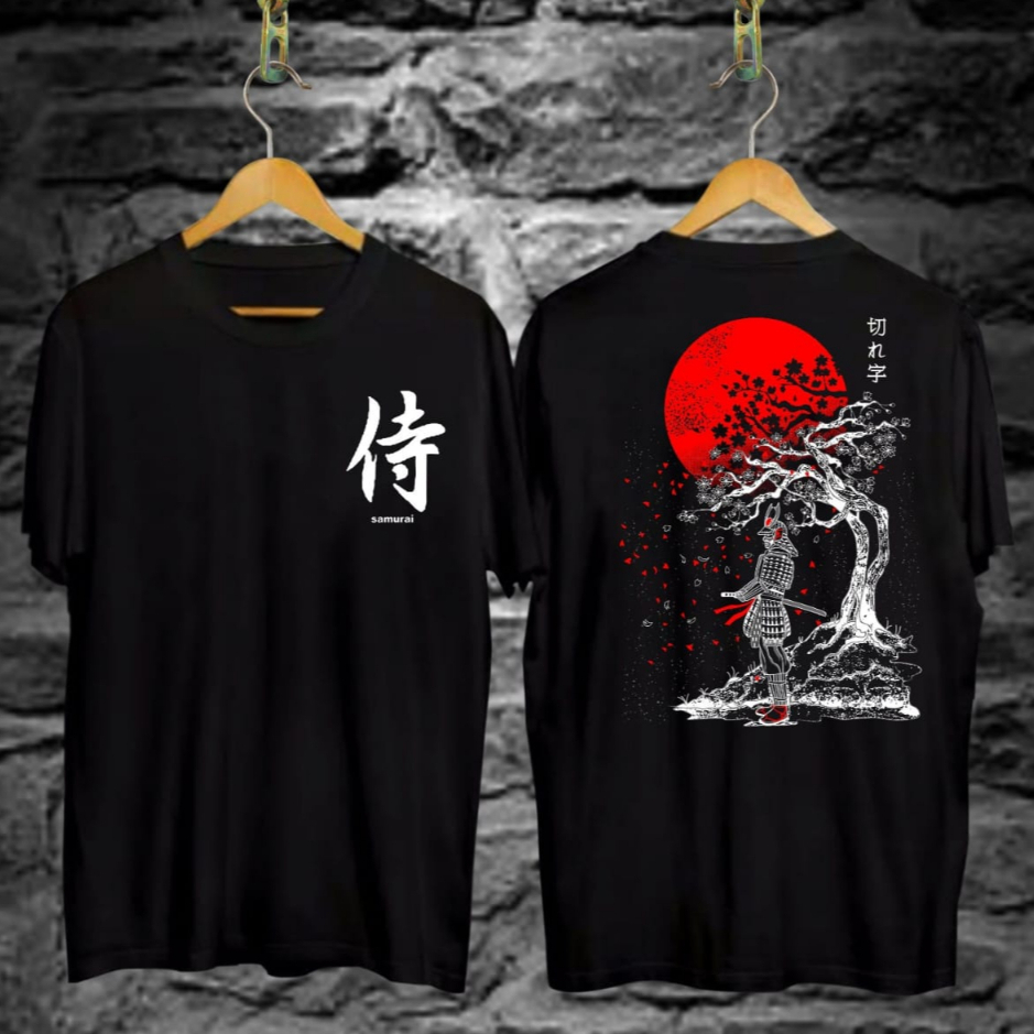 KAOS PRIA/KAOS SAMURAI BUNGA SAKURA KATUN COMBAT PREMIUM KAOS MOTIF LOGO/T-SHIRT BLACK/KAOS HITAM /K
