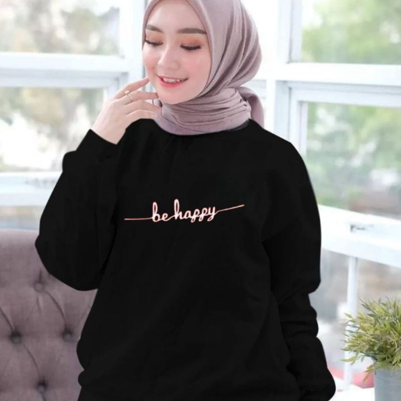 Baju Lengan Panjang wanita BE HAPPY Kaos Distro Keren Baju kekinian/bahan adem