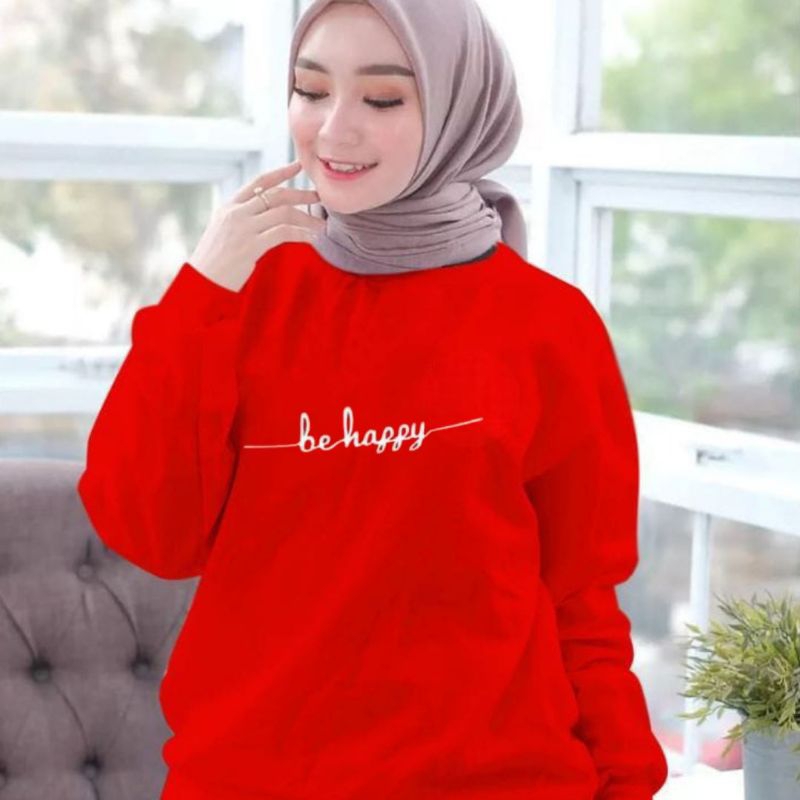 Baju Lengan Panjang wanita BE HAPPY Kaos Distro Keren Baju kekinian/bahan adem