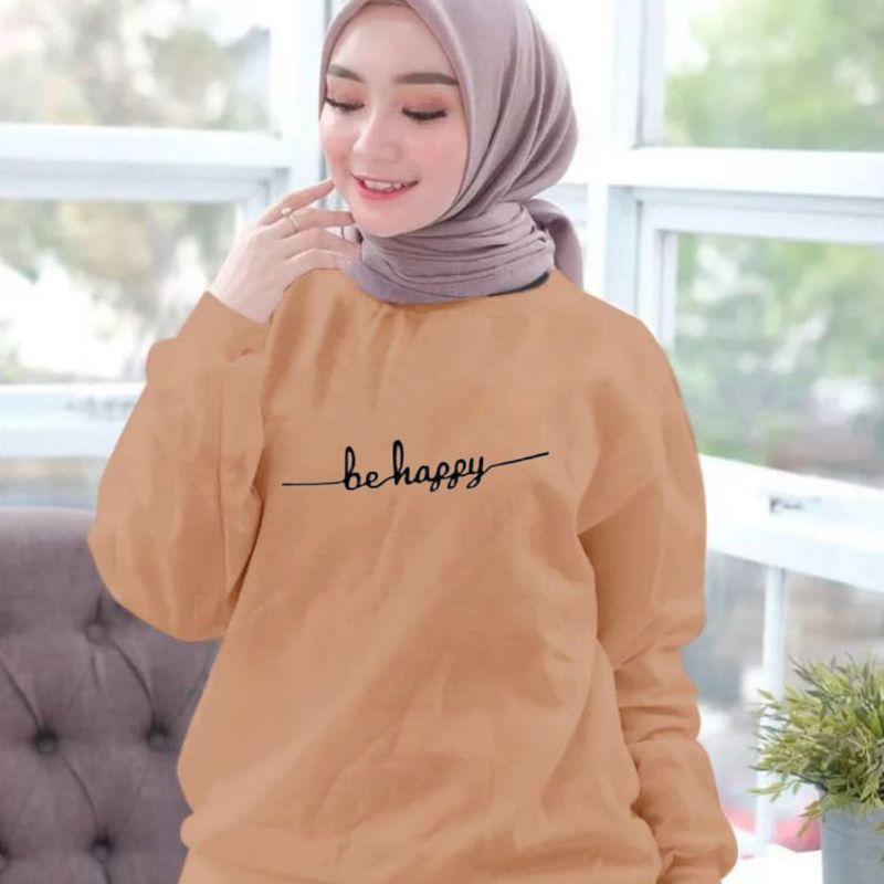 Baju Lengan Panjang wanita BE HAPPY Kaos Distro Keren Baju kekinian/bahan adem