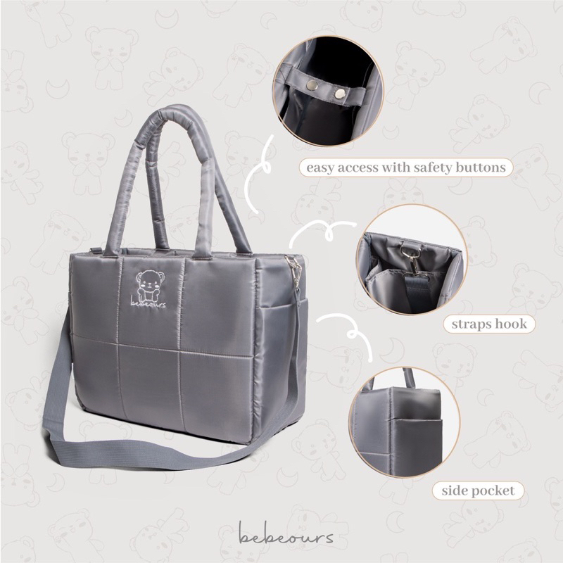 Bebeours Cheri Tote Bag BLACK / GREY - Mommy Bag / Diapers Bag - Tas Perlengkapan Bayi &amp; Anak