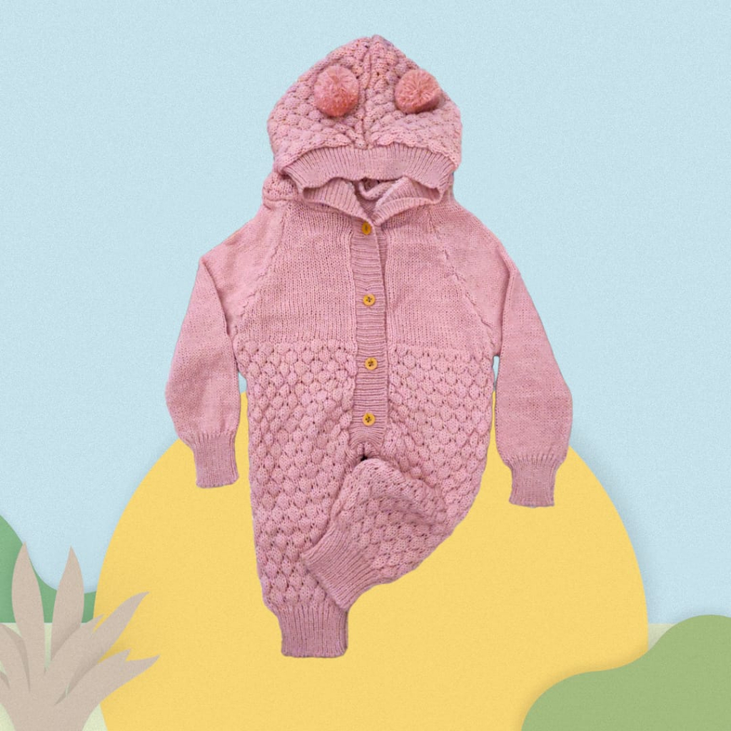 Sleepsuit Rajut Bayi Topi Buka Kaki 0-6 Bulan POLOS Hoodie Rajut Bayi Tebal Jumper Bayi Baju Penghangat Tubuh Jaket Bayi Anak Perempuan Laki Cowok