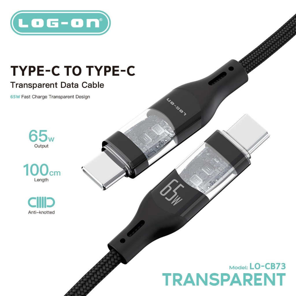 LOG-ON KABEL DATA FULL IC TRANSPARENT LO-CB73 65W 30W MAX 1METER ORIGINAL SUPPORT SEMUA HP PROMO SEN