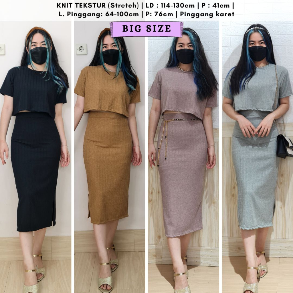 4471 pomelo slit knit one set rok bodycon stelan wanita