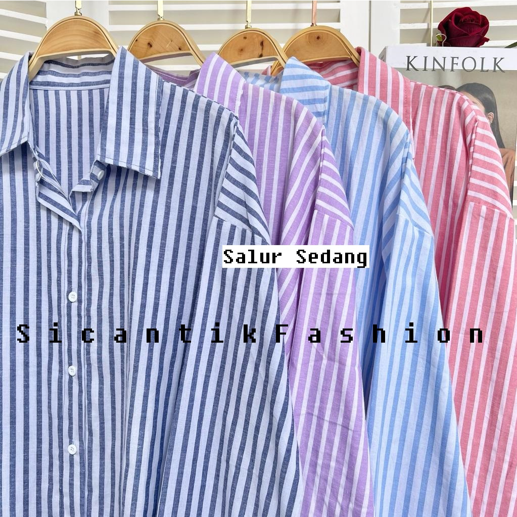 Kemeja Cewek Korean Style Motif Salur Bahan Katun Yandet