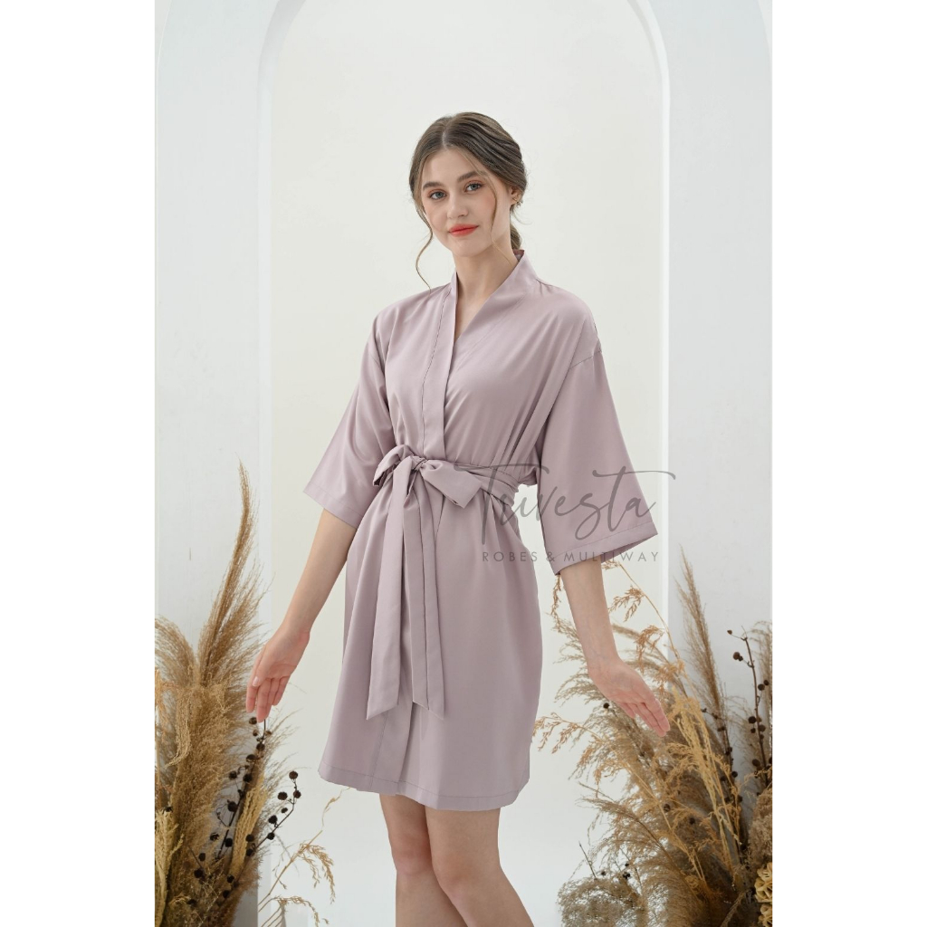 Trivesta Robes - Basic Robe Mauve - Kimono Robe Bridesmaid Satin + Free Bordir (Tulisan Bebas Bisa Nama)